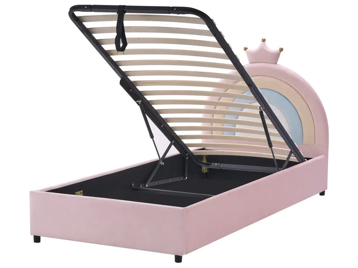 Pink bed frame with black slatted headboard on a white background