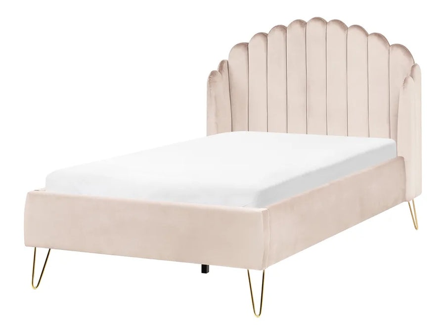 Light beige fabric bed with shell tufted headboard