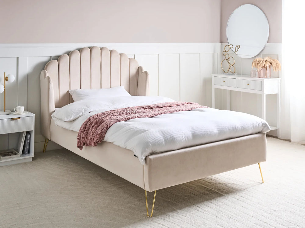 Small double bed 120x200 cm with gold legs and upholstery