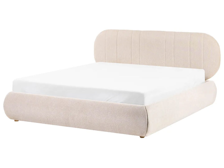 Beige bed with white mattress on a white background
