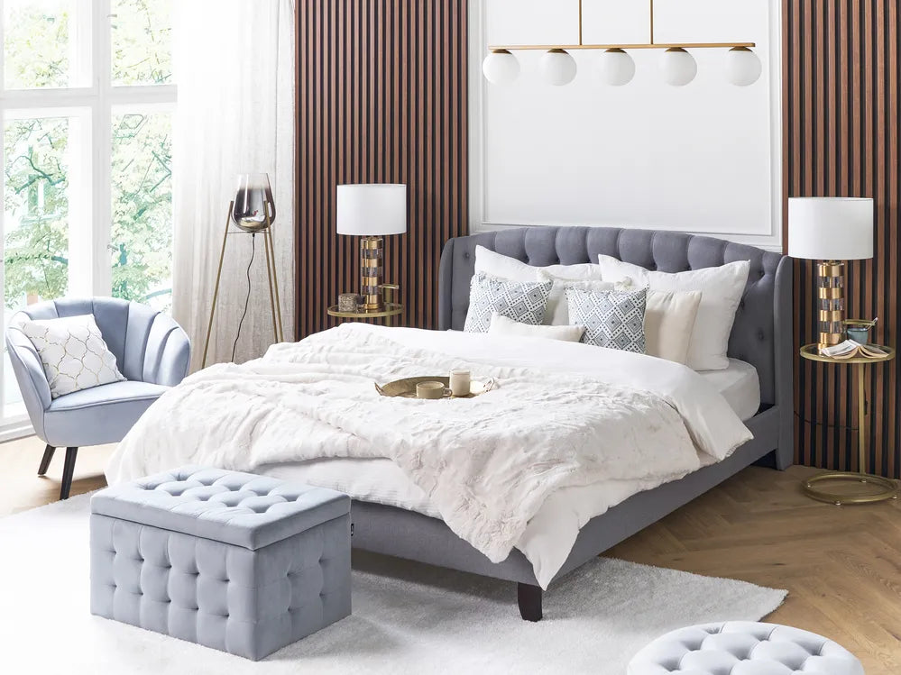 EU super king bed with soft grey linen finish