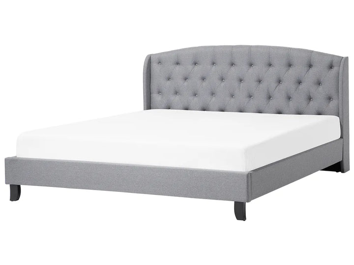 Light grey fabric super king bed with tufted headboard