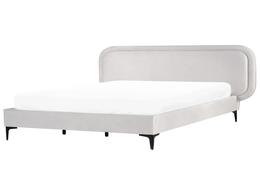 Light grey velvet super king bed with tufted headboard