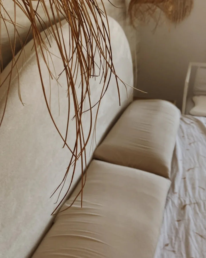 Beige sofa with decorative plant branches and a neutral background