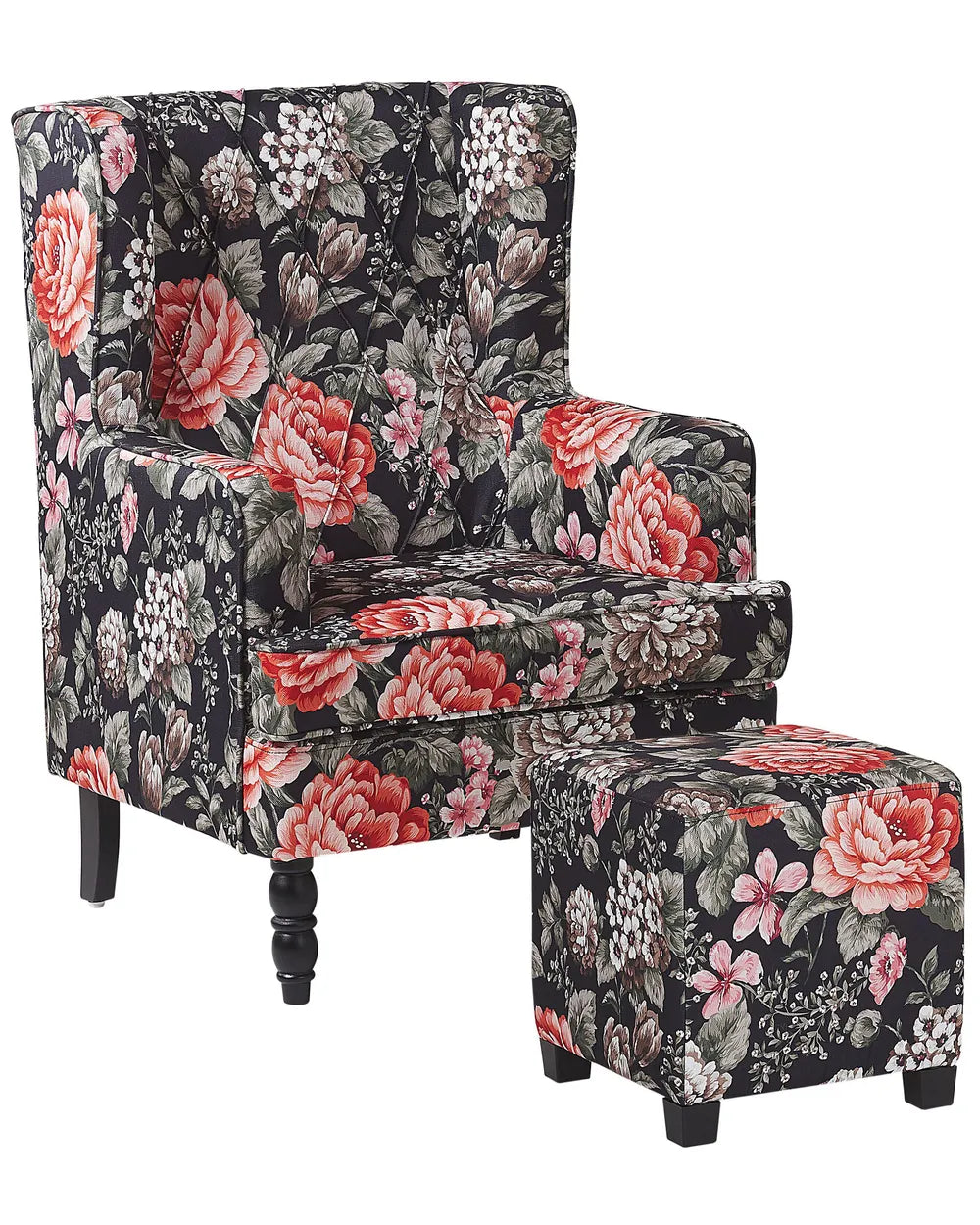 Floral-patterned chair and ottoman set on a white background