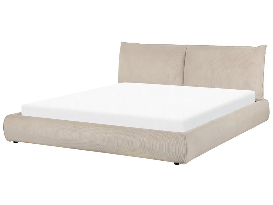 Taupe corduroy super king bed with cushioned headboard