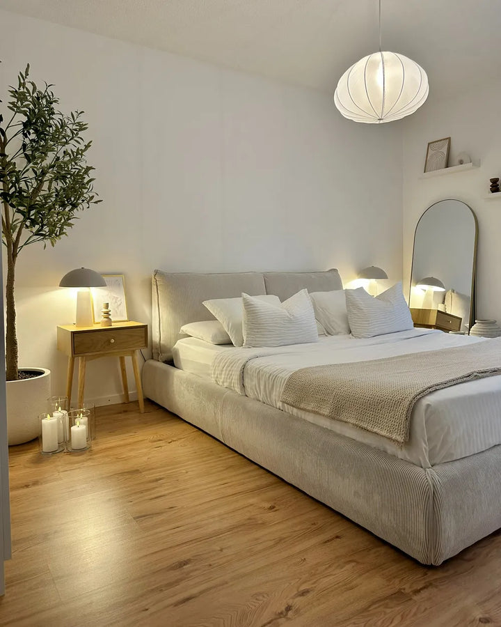 Modern taupe bed with soft corduroy finish