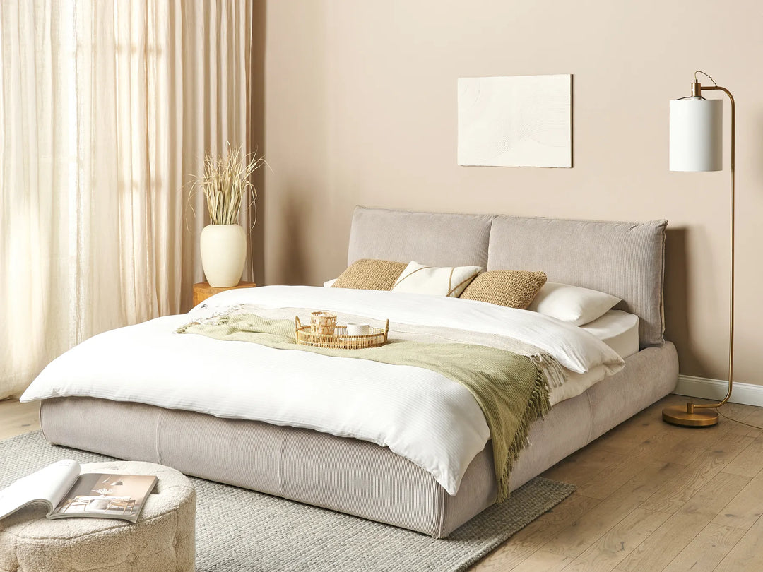 Upholstered corduroy bed with slatted base