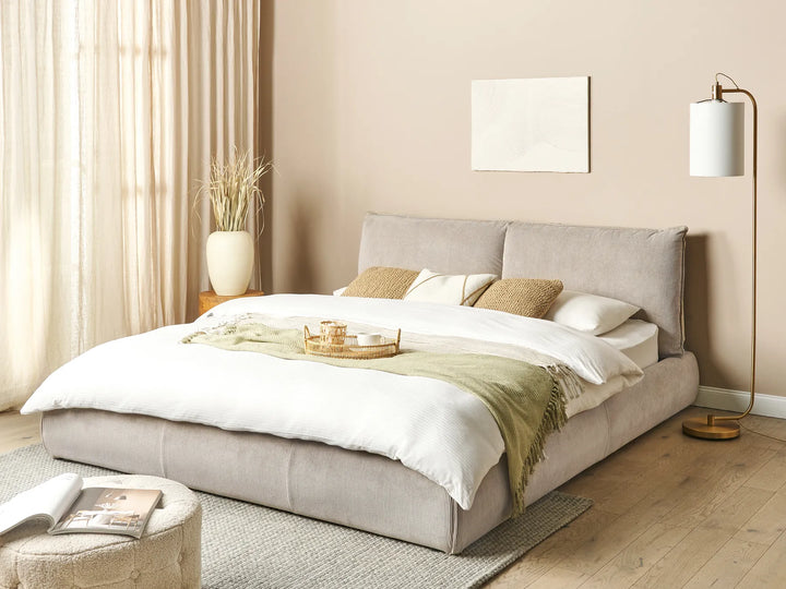 Upholstered corduroy bed with slatted base