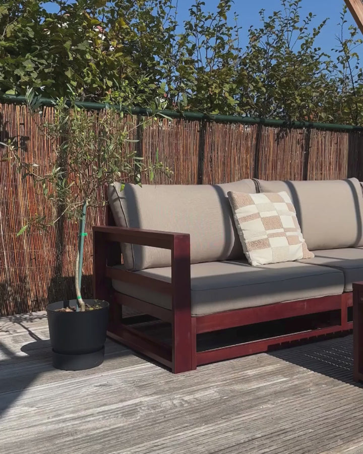 Timor Garden Corner Sofa with Table 5 Seater Modular Acacia Wood Dark Red Grey Beige