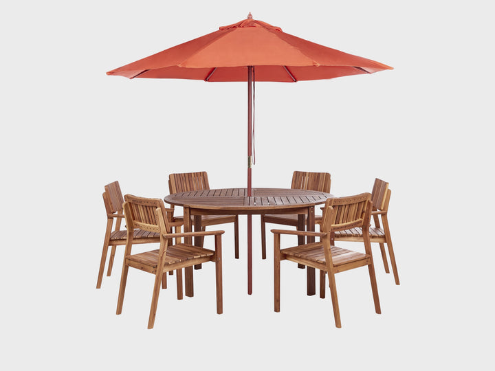 Agello Garden Dining Set 6 Seater with Parasol Acacia Wood Brown
