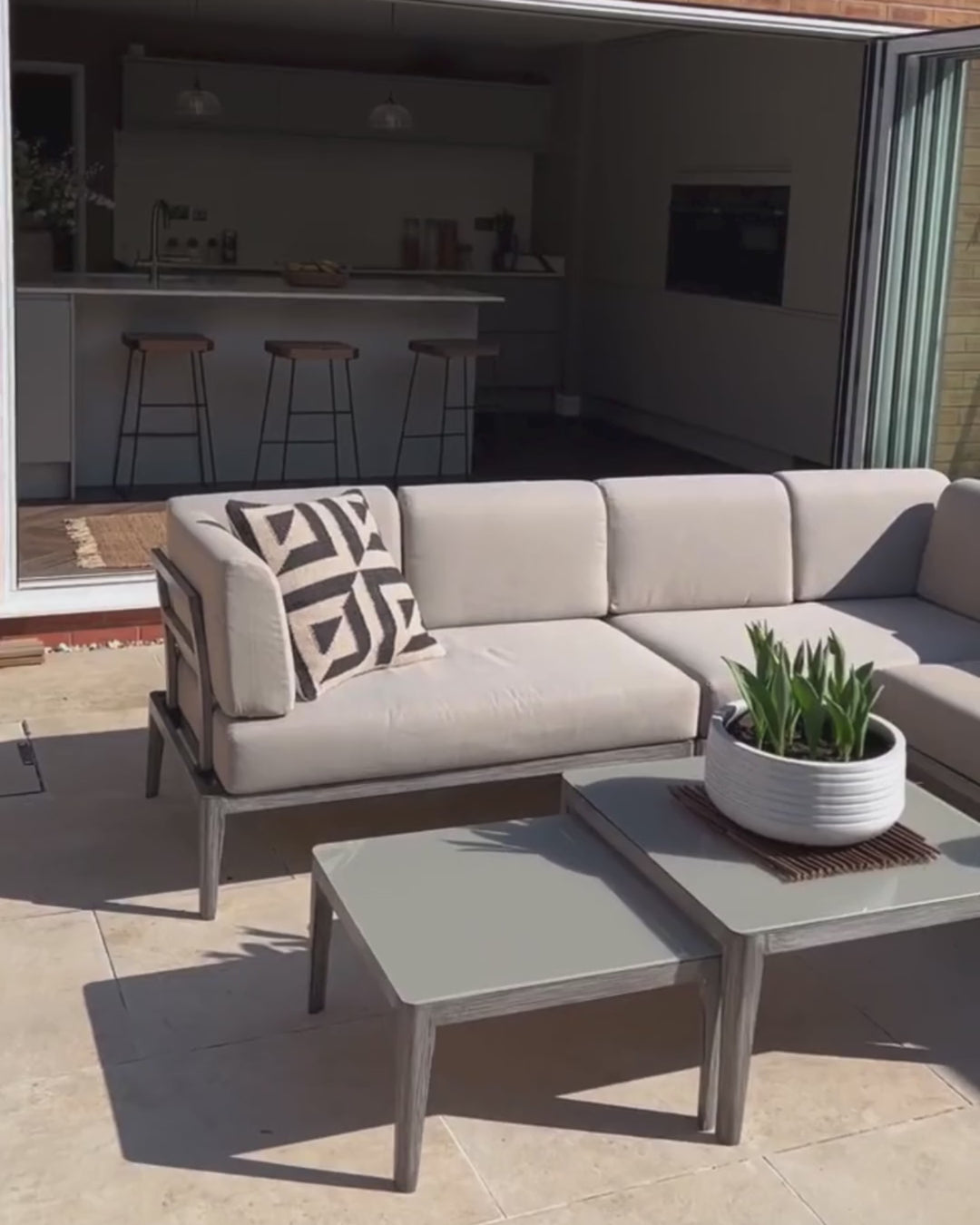 Rima III Garden Corner Sofa with Table 6 Seater Left Hand Modular Metal Beige
