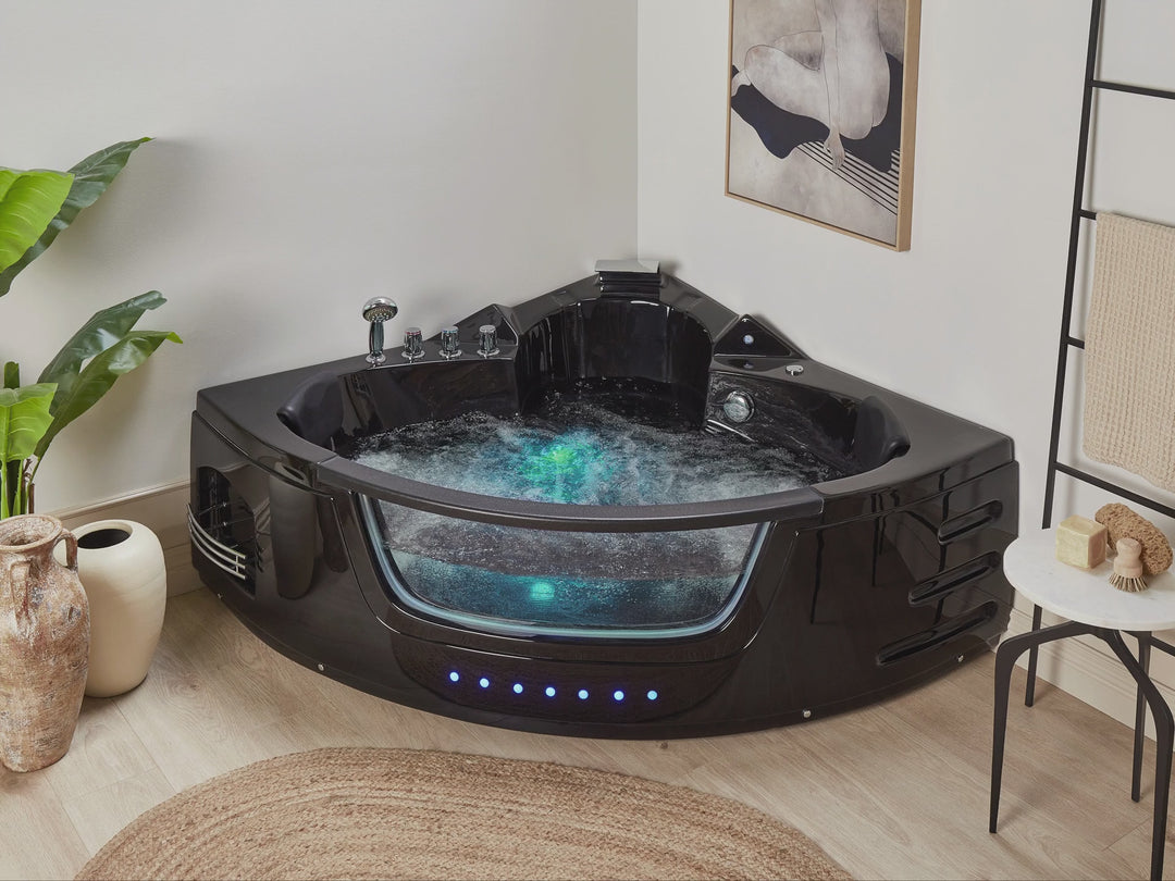 Whirlpool Corner Bath with LED 1980 x 1440 mm Black Martinica