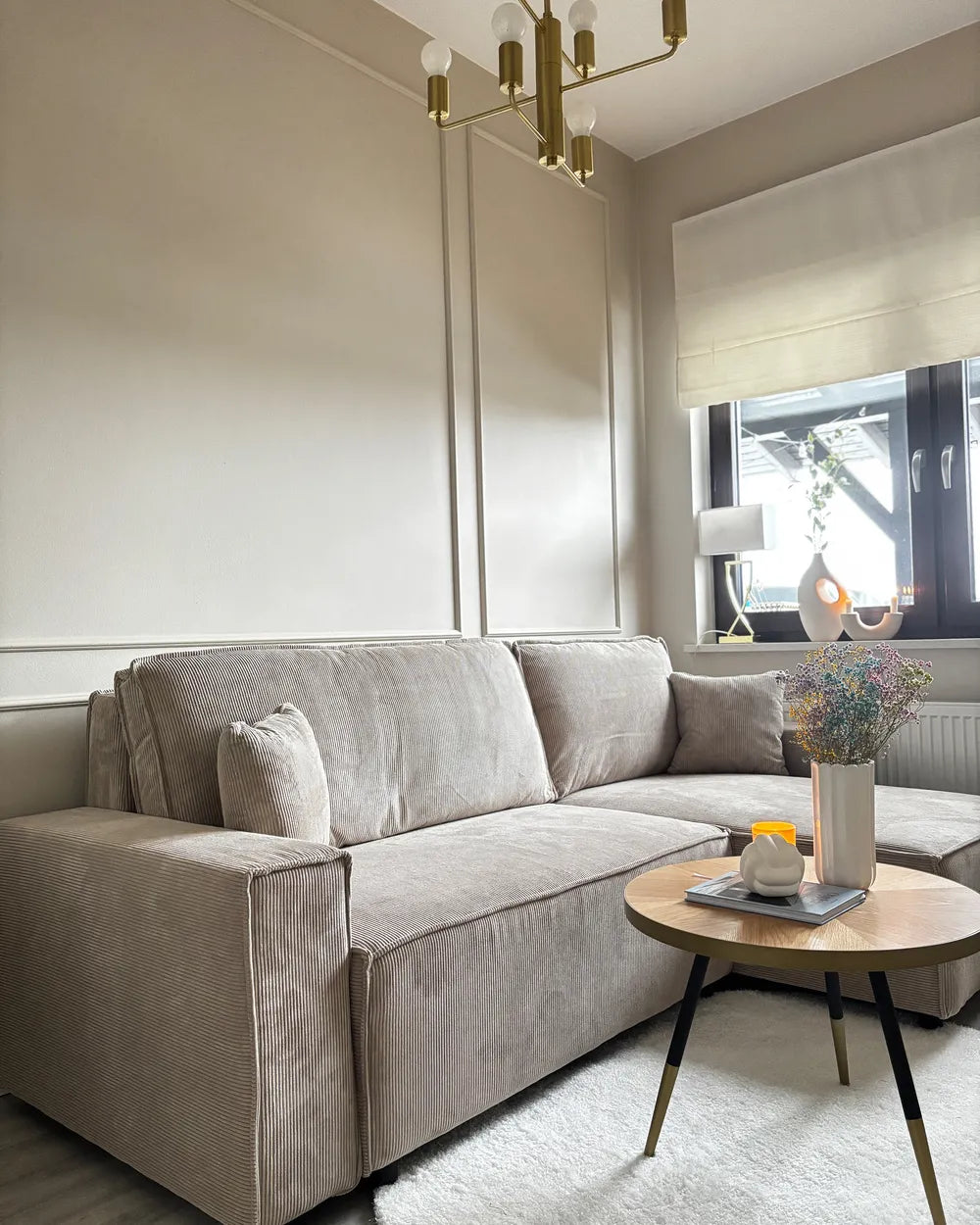 Corner Sofa Bed 3 Seater Corduroy Beige Left Hand Middale