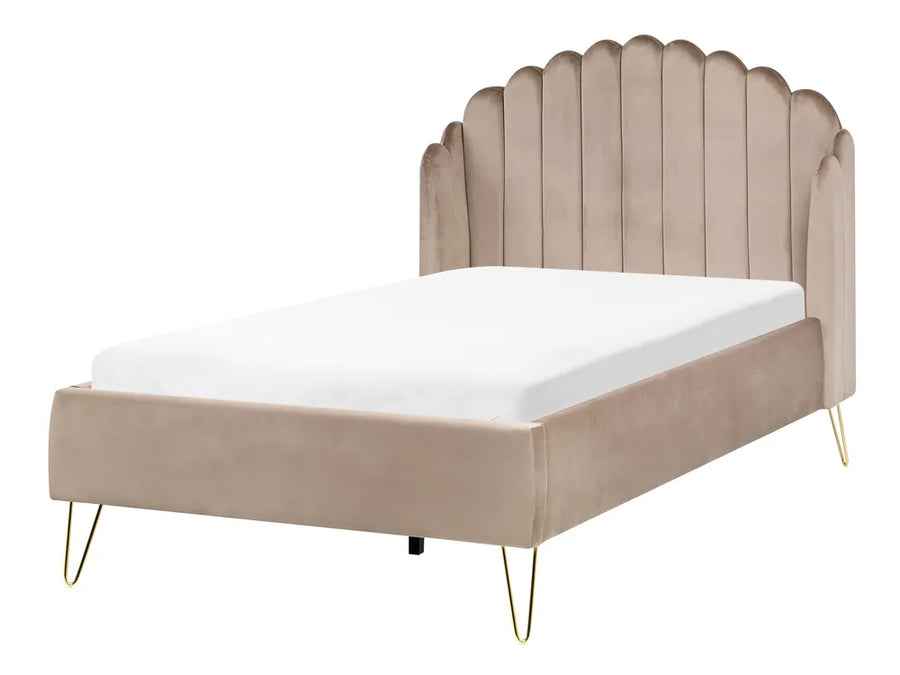 Taupe velvet bed with shell tufted headboard