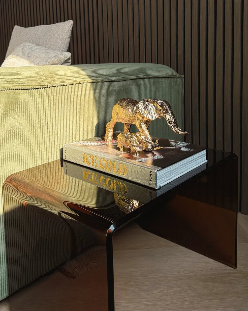 Gold elephant figurine on a book with a blurred background