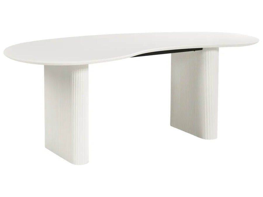 White oval table with a minimalist design on a white background