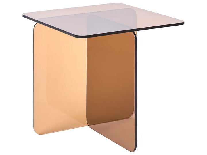 Modern side table with a glass top and brown base on a white background