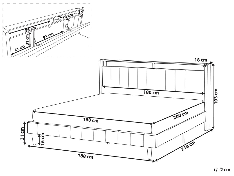 Bed with LED Fabric 180 x 200 cm (EU Super King) with USB Port with Storage Beige Atiyah