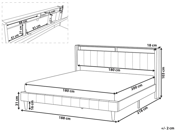 Bed with LED Fabric 180 x 200 cm (EU Super King) with USB Port with Storage Beige Atiyah