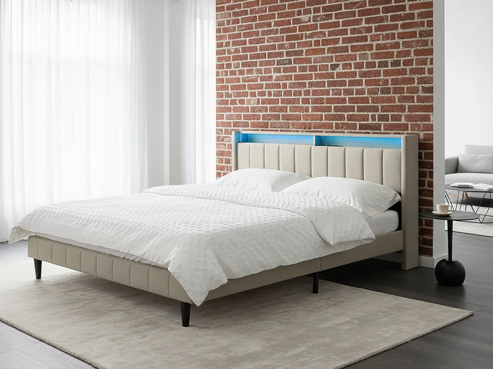 Bed with USB ports and headboard storage