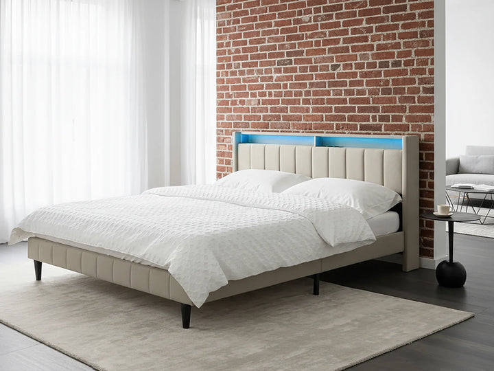 Bed with USB ports and headboard storage