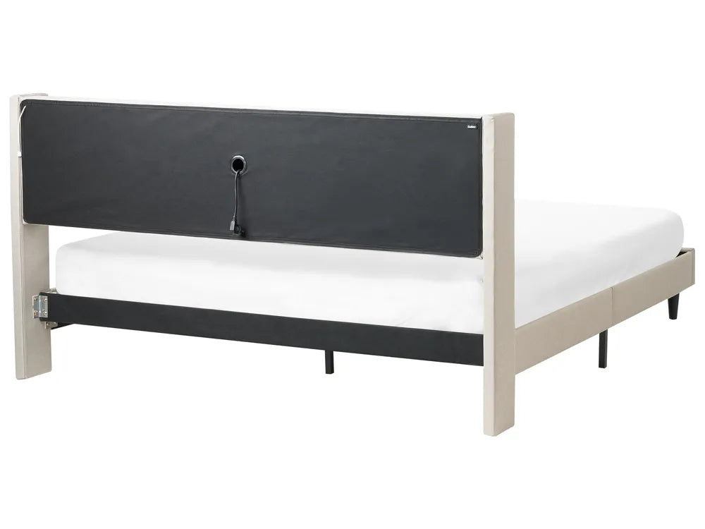 Bed with LED Fabric 180 x 200 cm (EU Super King) with USB Port with Storage Beige Atiyah