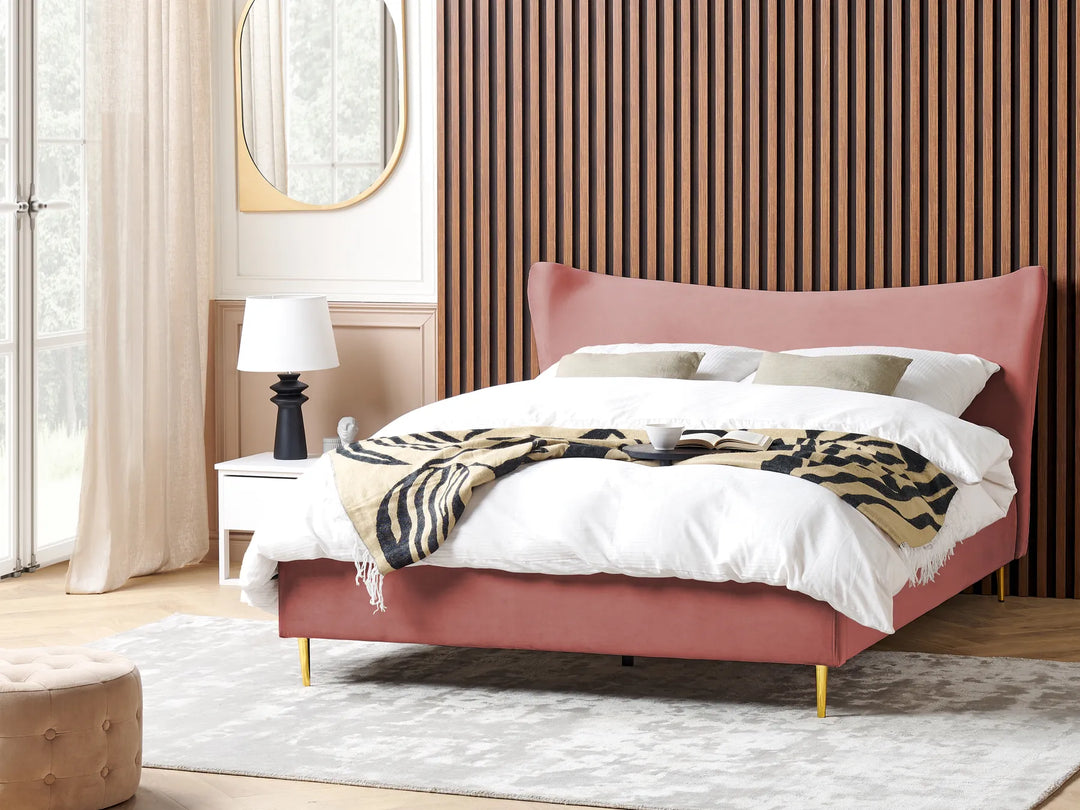 Velvet bed with golden legs pink