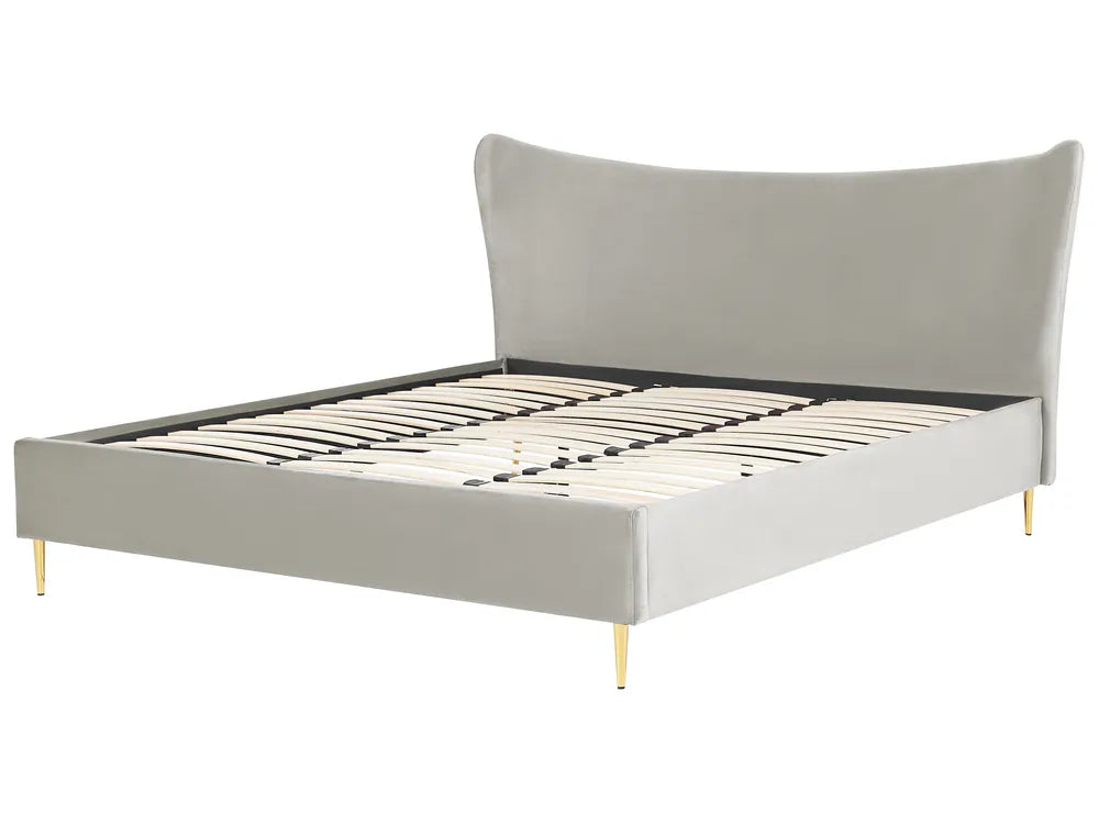 Gray upholstered bed with wooden legs on a white background