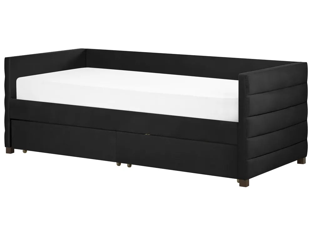 Black bed frame with white mattress on a white background