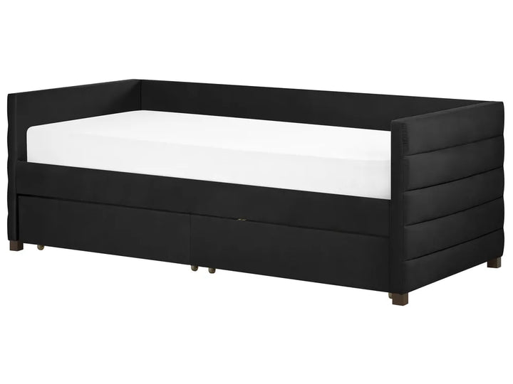Black bed frame with white mattress on a white background