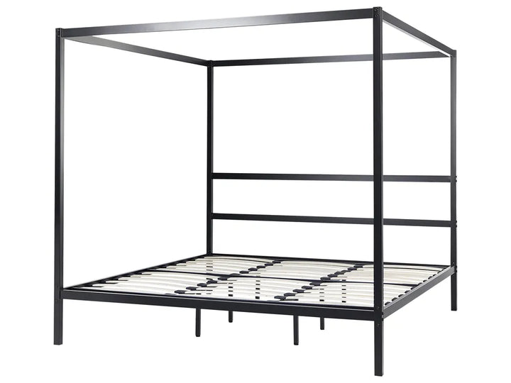 Black metal canopy bed frame on a white background