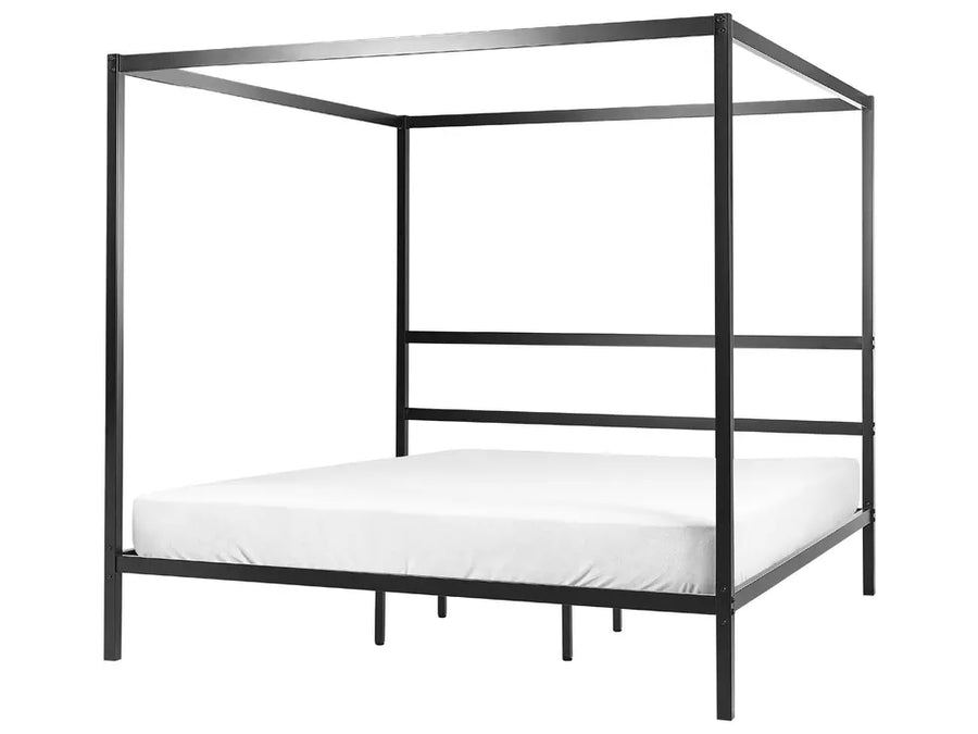 Black metal canopy bed frame on a white background