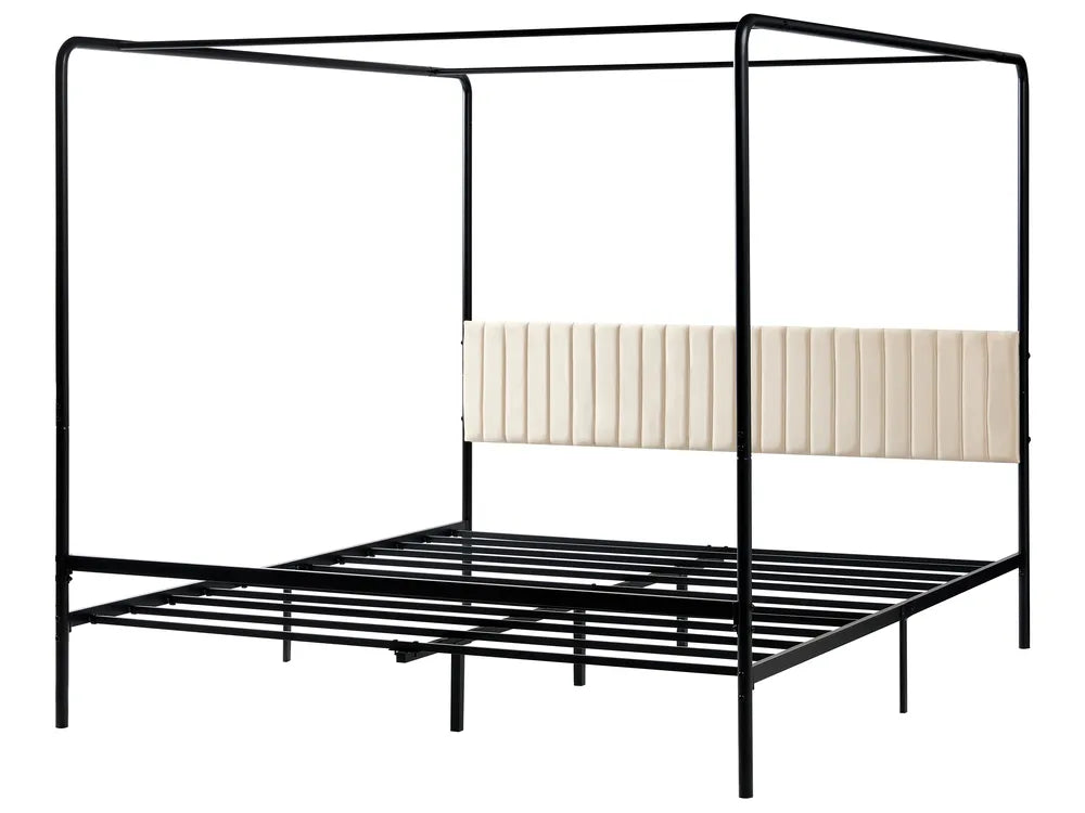 Black metal canopy bed frame on a white background