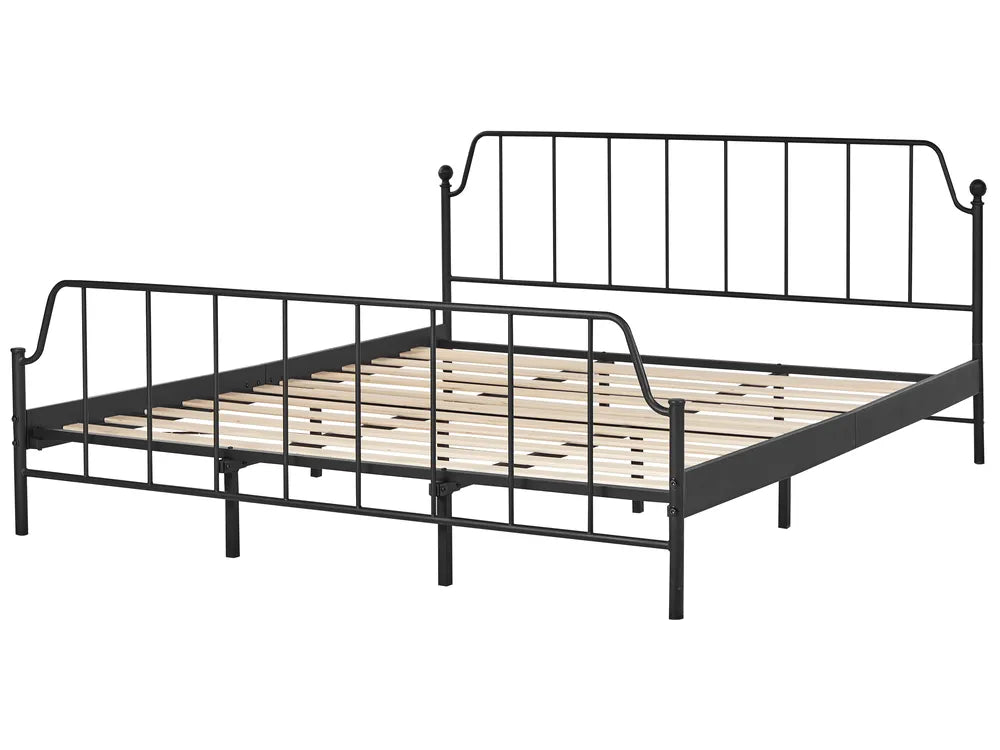 Black metal bed frame with wooden slats on a white background