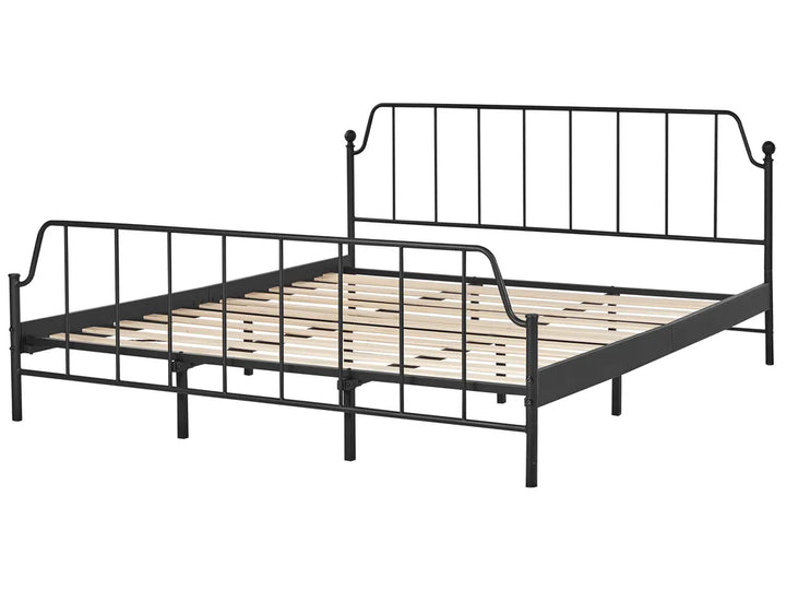 Black metal bed frame with wooden slats on a white background