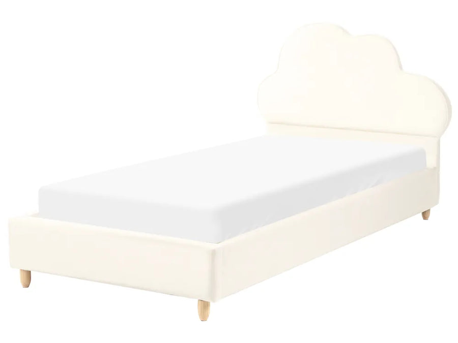 White bed frame with mattress on a white background