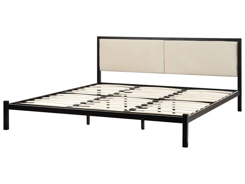 Metal bed with upholstered headboard beige