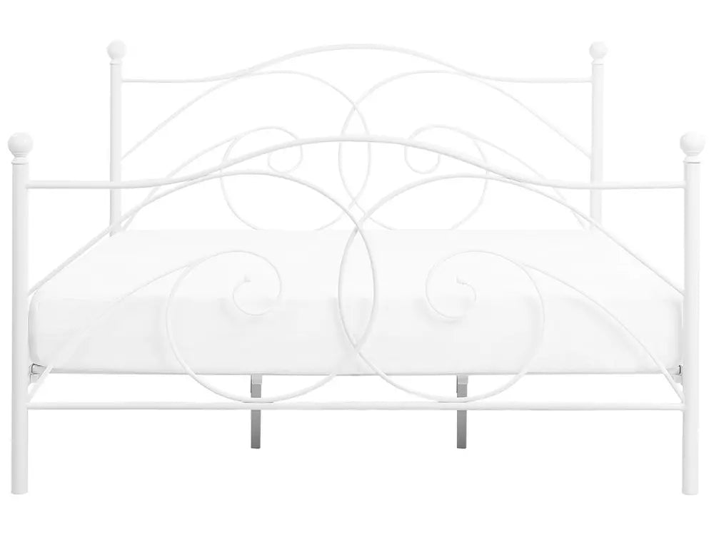 Decorative metal headboard with circular designs on a white background