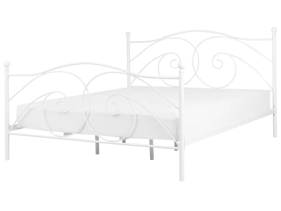 White metal bed frame with decorative headboard on a white background