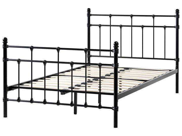 Black metal bed frame on a white background