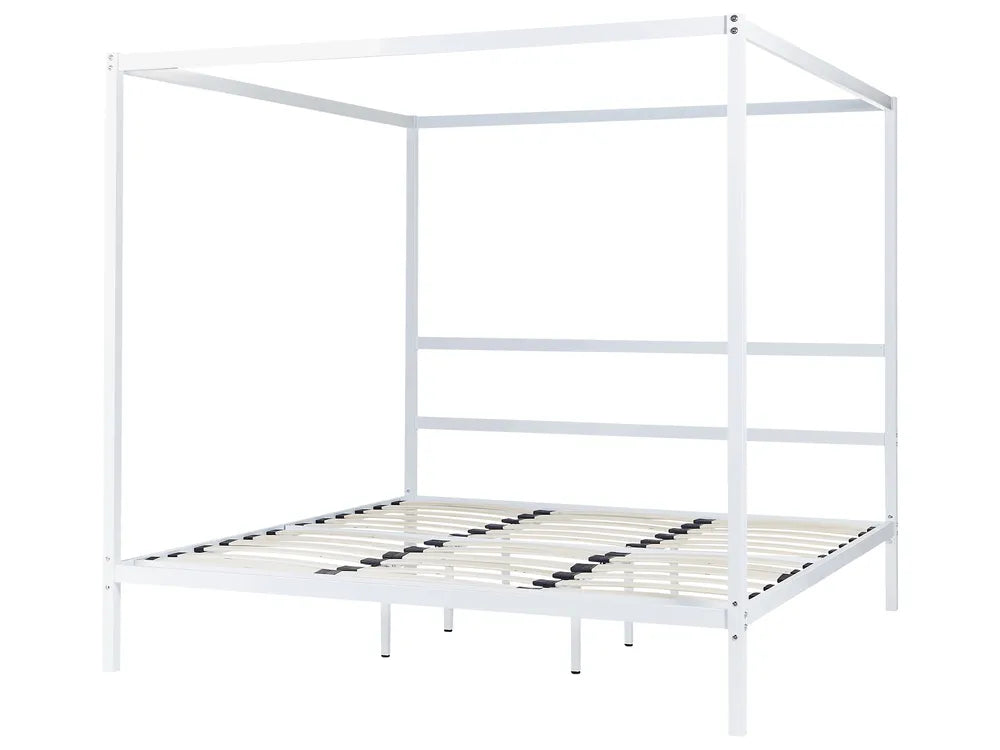 White metal canopy bed frame on a white background