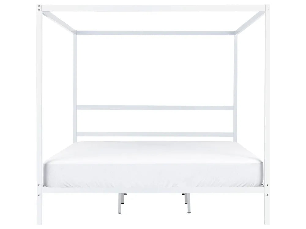 White metal canopy bed frame on a white background