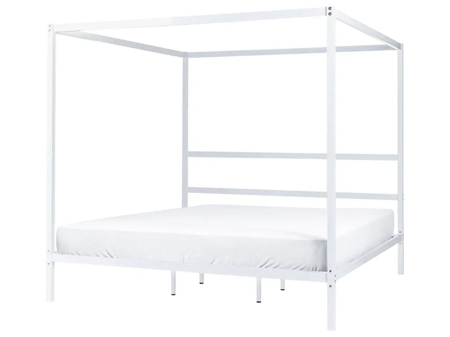 White metal canopy bed frame on a white background
