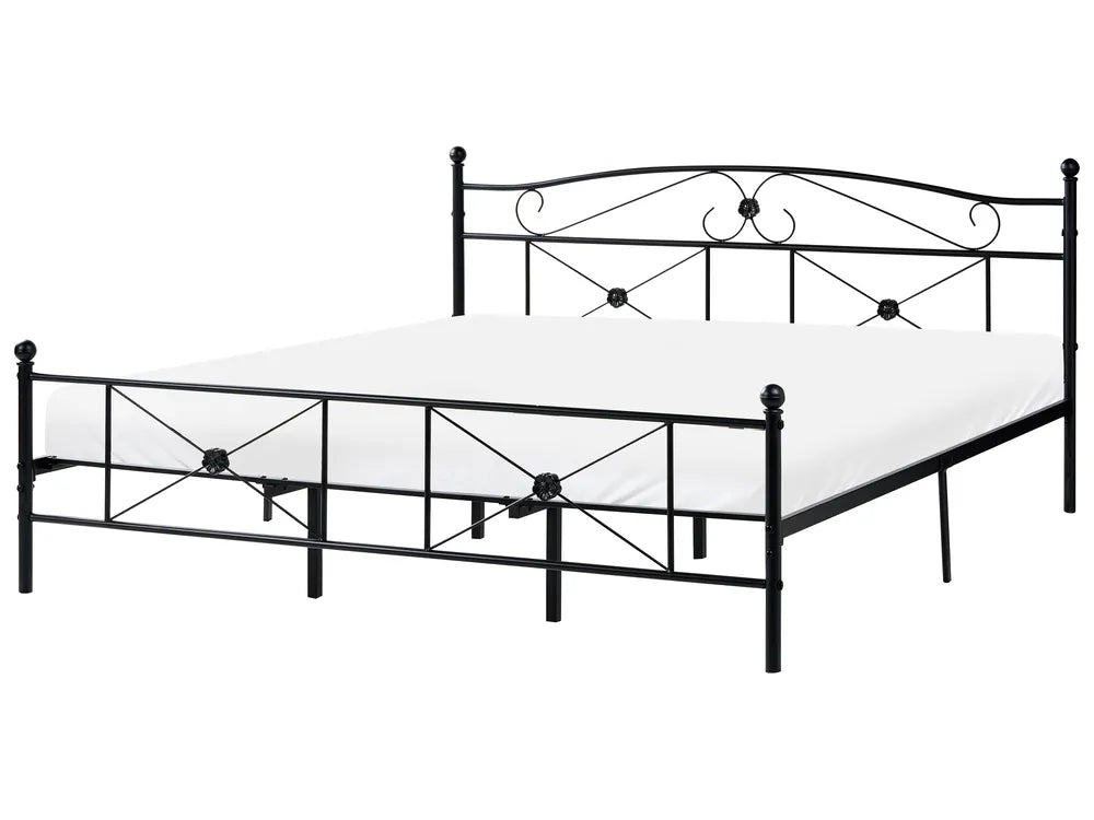 Black metal bed frame on a white background