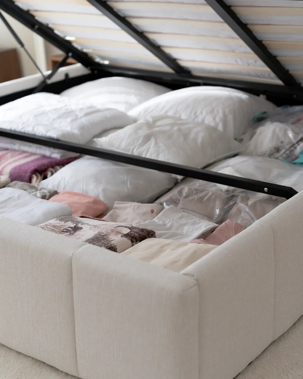 Modern off-white ottoman bed frame