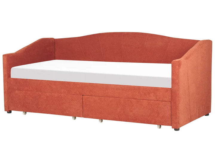 Orange sofa bed with white mattress on a white background