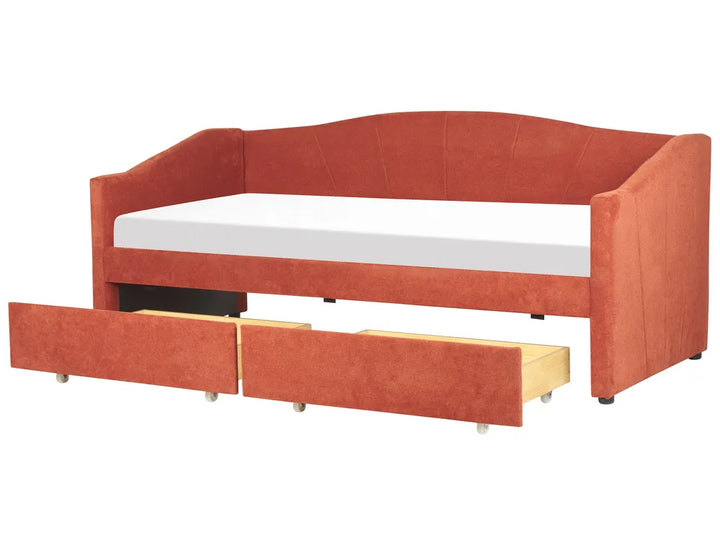 Orange upholstered sofa bed with white mattress and open storage drawers on a white background