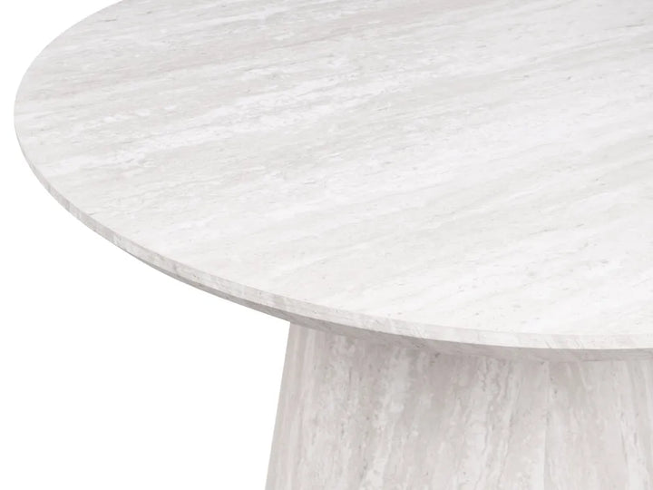 Round white table with a light wood base on a white background