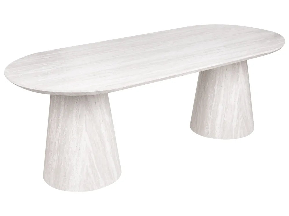 White marble dining table with three cylindrical legs on a white background